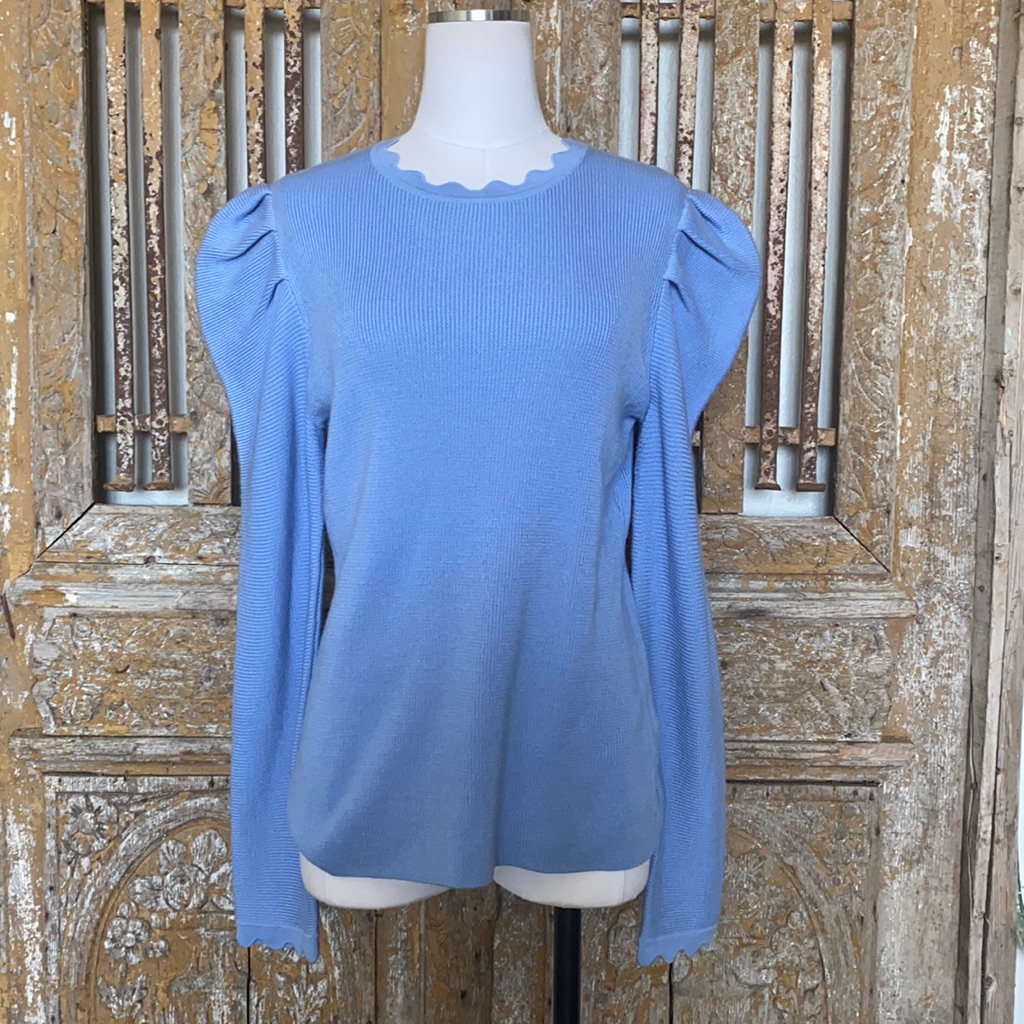 Elie Tahari Luxury Chiara Scallop-Edge Merino Wool Sweater Large New